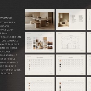 Puede incluir: Una colecci&oacute;n de documentos de dise&ntilde;o arquitect&oacute;nico, que incluyen planos de planta, horarios y paneles de estado de &aacute;nimo. Las p&aacute;ginas presentan dise&ntilde;os detallados, paletas de materiales y arreglos de muebles. El texto de la izquierda enumera el contenido del proyecto: Resumen del proyecto, Panel de estado de &aacute;nimo, Plano de planta, etc.