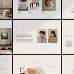 Puede incluir: Un portafolio de diseño de interiores de varias páginas que presenta fotografías de proyectos, información del estudio, retratos del equipo, paletas de colores, muestras de materiales y planos de planta en un diseño de tonos neutros con texto negro.