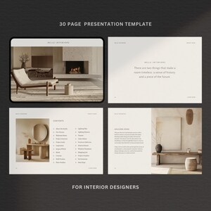 Puede incluir: Una plantilla de presentaci&oacute;n para dise&ntilde;adores de interiores. La imagen muestra cuatro p&aacute;ginas de una presentaci&oacute;n de 30 p&aacute;ginas. El texto superior dice "30 PAGE PRESENTATION TEMPLATE". El texto inferior dice "FOR INTERIOR DESIGNERS".