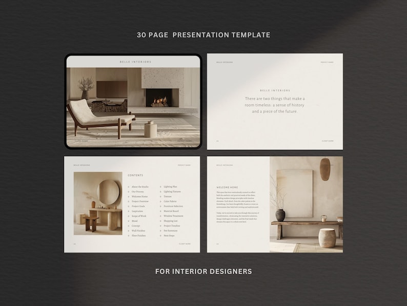 Puede incluir: Una plantilla de presentaci&oacute;n para dise&ntilde;adores de interiores. La imagen muestra cuatro p&aacute;ginas de una presentaci&oacute;n de 30 p&aacute;ginas. El texto superior dice "30 PAGE PRESENTATION TEMPLATE". El texto inferior dice "FOR INTERIOR DESIGNERS".