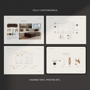 Puede incluir: Presentaci&oacute;n digital con cuatro paneles. Los paneles superiores muestran un tablero conceptual y un plano de planta. Los paneles inferiores muestran un plano de iluminaci&oacute;n y accesorios de iluminaci&oacute;n. El texto incluye "FULLY CUSTOMIZABLE" y "CHANGE TEXT, PHOTOS ETC."