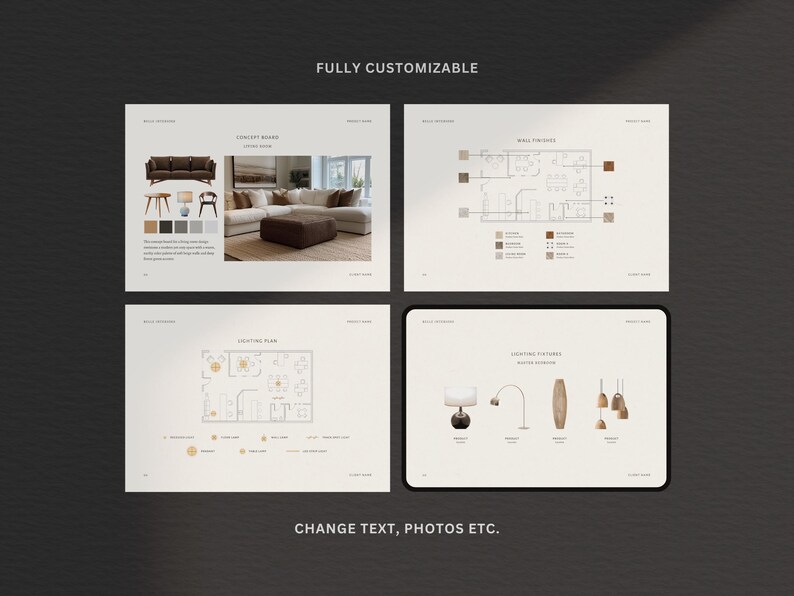 Puede incluir: Presentaci&oacute;n digital con cuatro paneles. Los paneles superiores muestran un tablero conceptual y un plano de planta. Los paneles inferiores muestran un plano de iluminaci&oacute;n y accesorios de iluminaci&oacute;n. El texto incluye "FULLY CUSTOMIZABLE" y "CHANGE TEXT, PHOTOS ETC."
