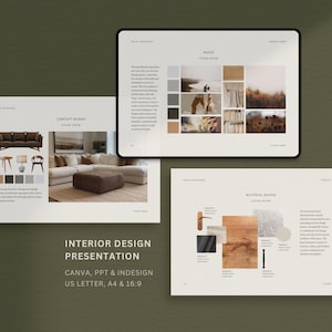 Puede incluir: Una presentación de diseño de interiores en una tableta y dos páginas impresas. La presentación incluye tableros de conceptos, tableros de estado de ánimo y tableros de materiales. El texto de la imagen dice "INTERIOR DESIGN PRESENTATION" y "CANVA, PPT & INDESIGN US LETTER, A4 & 16:9".