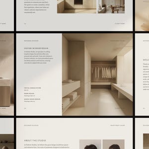 Puede incluir: Un folleto digital de varias páginas para Noform Studios que presenta servicios de diseño de interiores. El diseño incluye fotografías en tonos beige de baños, vestidores y decoración, acompañadas de encabezados como Custom Interior Design.