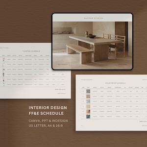 Peut inclure: Un emploi du temps FF&E de design d'intérieur aux tons neutres. L'image comprend une tablette affichant une scène de salle à manger, un calendrier d'éclairage et un calendrier de comptoir. Le texte sur l'image comprend "WUFORM STUDIOS" et "INTERIOR DESIGN FF&E SCHEDULE".