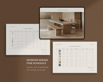 Interior Design FF&E Schedule Template | Interior Designer Timeline Canva | Furniture Fixtures Finishes | PPT Template | Indesign Template