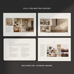 Puede incluir: Dise&ntilde;o de cuatro paneles de inspiraci&oacute;n de dise&ntilde;o de interiores con el texto "FULLY PRE-WRITTEN CONTENT" en la parte superior. Los paneles presentan im&aacute;genes de espacios interiores, paletas de colores y texto. La parte inferior de la imagen dice "INCLUDES 100+ INTERIOR IMAGES".