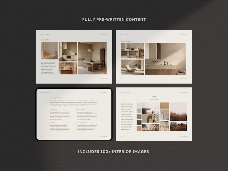 Puede incluir: Dise&ntilde;o de cuatro paneles de inspiraci&oacute;n de dise&ntilde;o de interiores con el texto "FULLY PRE-WRITTEN CONTENT" en la parte superior. Los paneles presentan im&aacute;genes de espacios interiores, paletas de colores y texto. La parte inferior de la imagen dice "INCLUDES 100+ INTERIOR IMAGES".