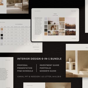 Puede incluir: Un paquete de 6 plantillas de diseño de interiores que incluye presentación de propuesta, guía de inversión, portafolio, cronograma FF&E y guía de despedida. El documento contiene un cronograma de azulejos, moodboard y tableros de materiales.