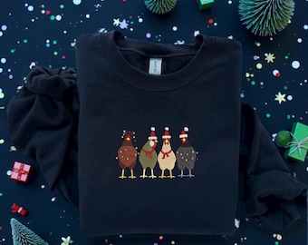 Sudadera unisex con cuello redondo y diseño navideño de pollo bordado