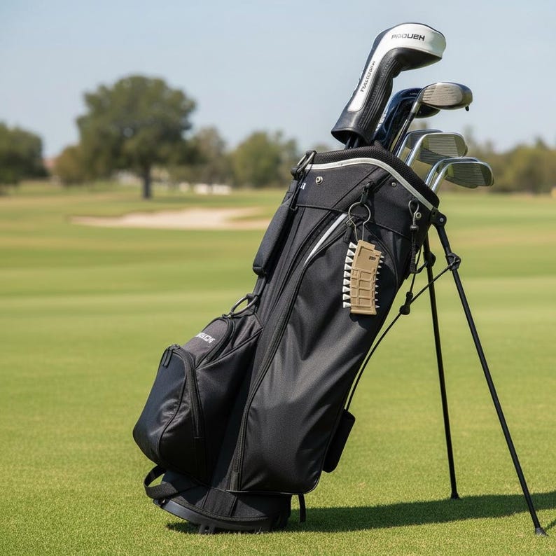 May include: A black golf stand bag containing several golf clubs with white and black headcovers. A tan, rectangular, textured accessory resembling a magazine is attached to the bag, holding a row of white golf tees in its side slots.
