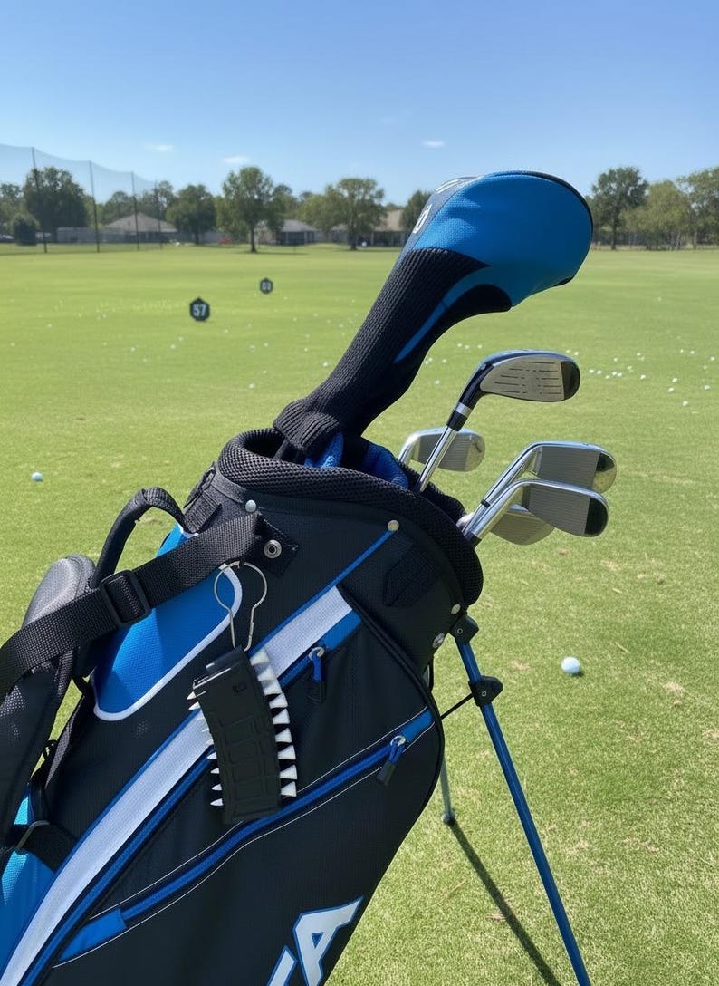 May include: A black and blue golf bag containing several golf clubs with metal heads and a blue headcover. A black golf club brush is attached to the side of the bag with a silver carabiner. The bag features white accents and zippers.