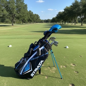 May include: A black and blue Strata golf bag with a stand, containing several golf clubs with metallic heads. The bag features white lettering that reads Strata and is positioned upright on a green grass surface with a blue sky above.