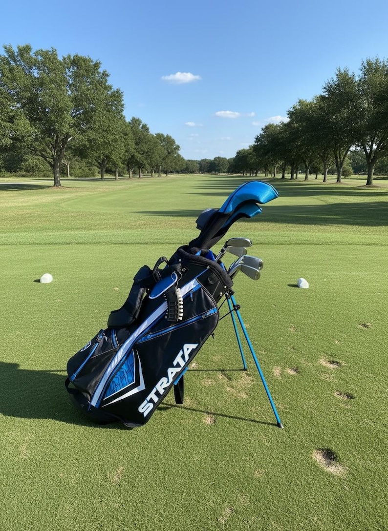 May include: A black and blue Strata golf bag with a stand, containing several golf clubs with metallic heads. The bag features white lettering that reads Strata and is positioned upright on a green grass surface with a blue sky above.