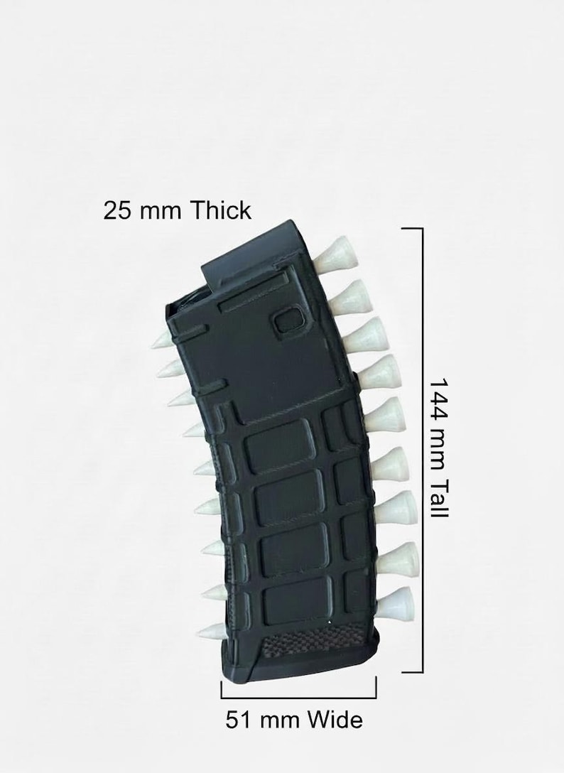 May include: A black magazine accessory with white spikes protruding from the sides. The object is labelled with dimensions of 25 mm thick, 144 mm tall, and 51 mm wide. The surface features a grid-like texture on the front and sides.