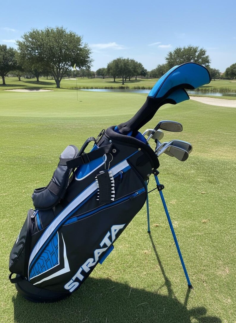 May include: A black and blue Strata golf bag with a stand, featuring white accents and the brand name printed in white. The bag contains several golf clubs with headcovers, including a driver with a blue cover, and a small black accessory.