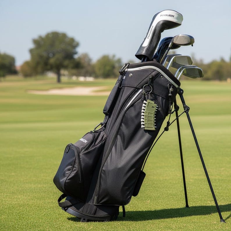 May include: A black golf bag with a stand, containing several golf clubs with white and black headcovers. An olive green magazine-shaped golf tee holder is attached to the side of the bag, holding multiple white golf tees.