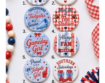 May include: Ten circular badges showcasing football-themed illustrations in red, white, and blue. Every badge features distinct text and motifs, such as footballs, megaphones, bows, and stars, numbered one to ten for clear identification and selection.