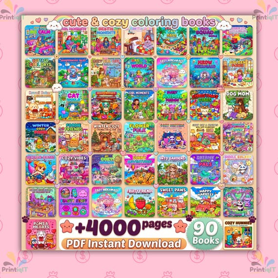 Ultimate Cute & Cozy Coloring Book Bundle, 90 Coloring Books, 4000+ Pages, Kawaii Coloring Pages PDF, Bold and Easy Printable Coloring