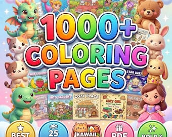 1000+ Printable Coloring Pages Bundle Vol.1 | 25 Kawaii Coloring Books PDF | Bold & Easy for Adults Kids Seniors | Instant Download
