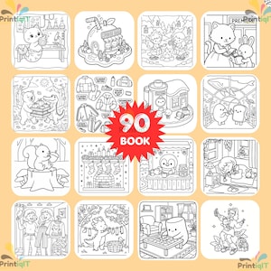 May include: A collection of 90 coloring book pages featuring various black and white line art illustrations, including a cat scientist, a juice bar, fairies, a bear and alligator, clothing sets, a film store, a whale, and cozy indoor scenes.