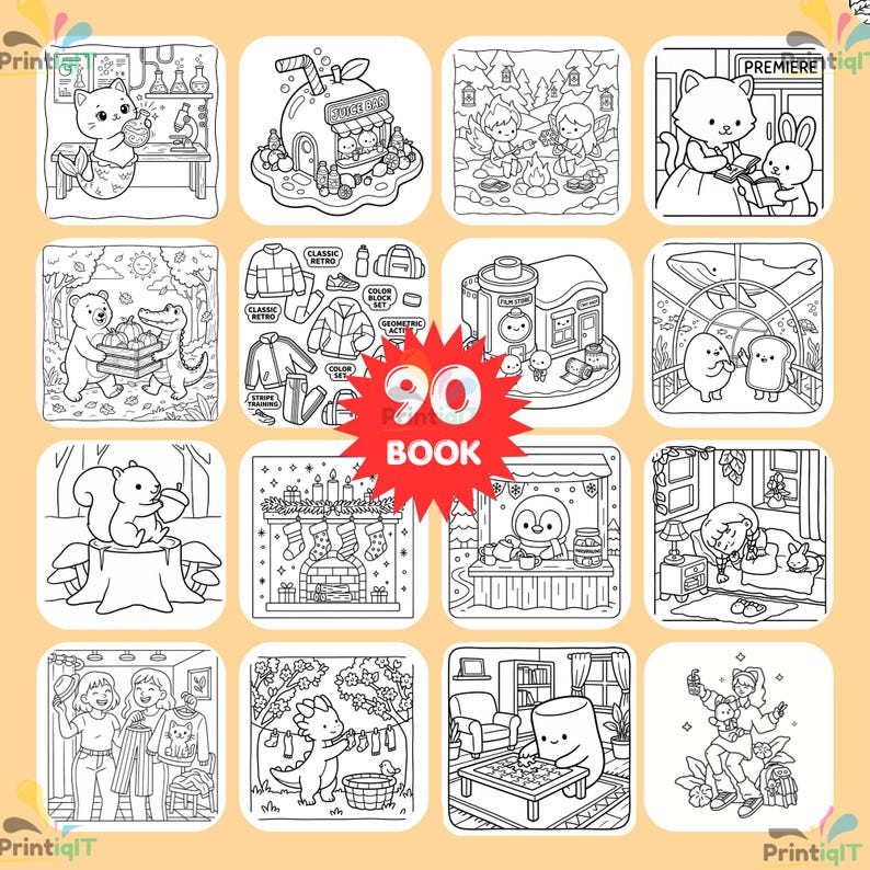 May include: A collection of 90 coloring book pages featuring various black and white line art illustrations, including a cat scientist, a juice bar, fairies, a bear and alligator, clothing sets, a film store, a whale, and cozy indoor scenes.