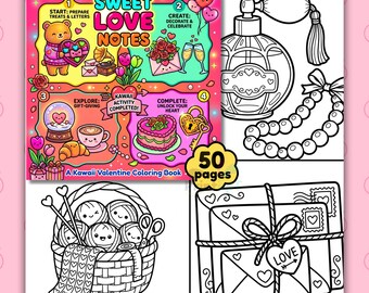 Dulces Notas de Amor – Libro para colorear Kawaii de San Valentín | 50 páginas de tiernas escenas de amor, corazones y romance | Descarga instantánea en PDF imprimible
