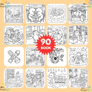 May include: A coloring book featuring 90 pages of black and white line art illustrations. The grid displays various scenes including bears drinking cocoa, a person on a porch, a dragon with small animals, and a hummingbird near a birdhouse.