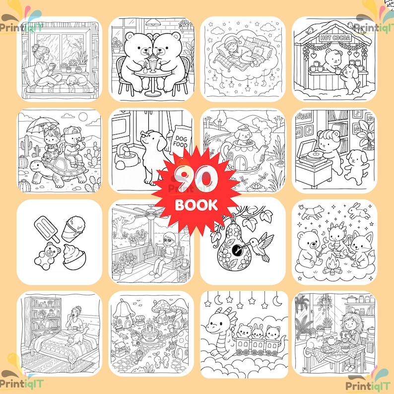 May include: A coloring book featuring 90 pages of black and white line art illustrations. The grid displays various scenes including bears drinking cocoa, a person on a porch, a dragon with small animals, and a hummingbird near a birdhouse.