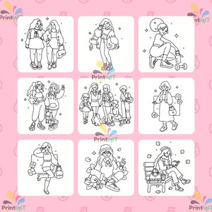 Puede incluir: Una colecci&oacute;n de nueve ilustraciones de arte lineal en blanco y negro con varias figuras en atuendos casuales, incluyendo personas de pie, sentadas en un banco, haciendo ejercicio con una mancuerna y posando con accesorios sobre un fondo rosa.