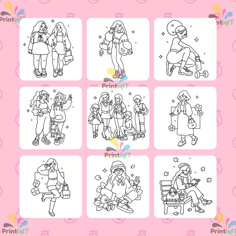 Puede incluir: Una colecci&oacute;n de nueve ilustraciones de arte lineal en blanco y negro con varias figuras en atuendos casuales, incluyendo personas de pie, sentadas en un banco, haciendo ejercicio con una mancuerna y posando con accesorios sobre un fondo rosa.