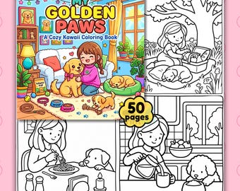 Mis Patitas Doradas – Libro para colorear Kawaii y acogedor | 50 páginas de niñas y sus perros, cachorros y momentos entrañables | Descarga instantánea en PDF imprimible