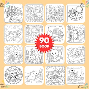 May include: A coloring book featuring 90 pages with various black and white line art illustrations, including a cat playing guitar, a hippo in water, roller skates, a dinosaur skeleton, a bear on a seesaw, and a person reading in bed.