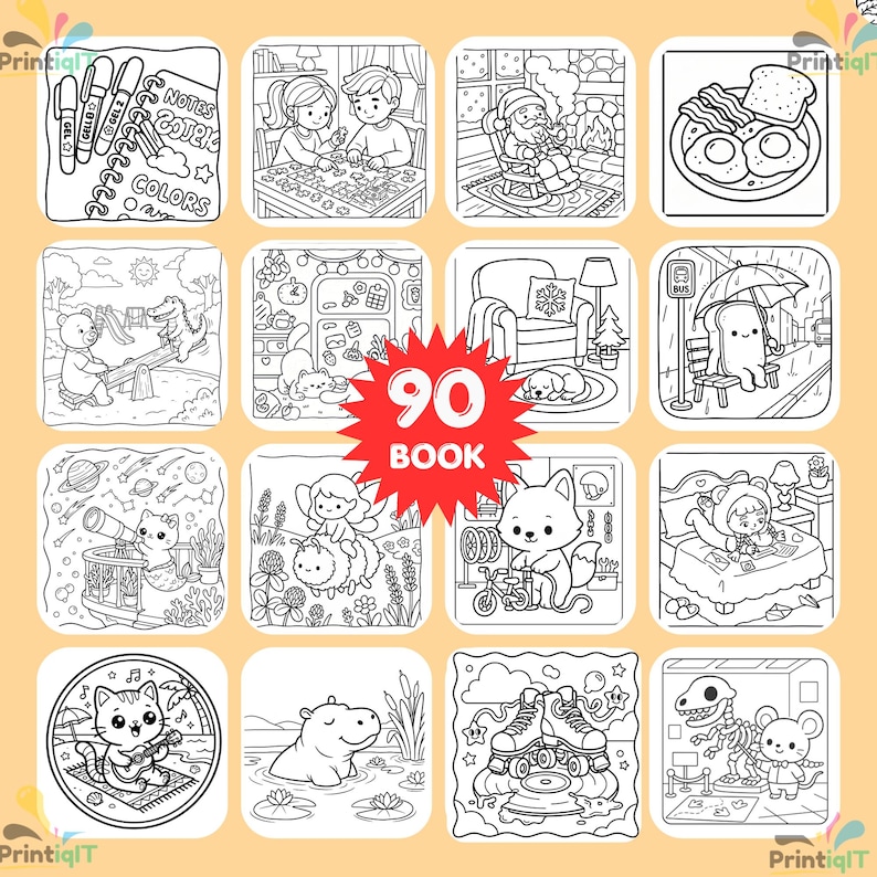 May include: A coloring book featuring 90 pages with various black and white line art illustrations, including a cat playing guitar, a hippo in water, roller skates, a dinosaur skeleton, a bear on a seesaw, and a person reading in bed.