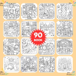 May include: A collection of sixteen black and white line art illustrations featuring anthropomorphic animals in various settings, including a disco, arcade, and winter scenes. A red starburst graphic in the center displays the text 90 BOOK.
