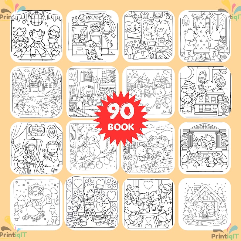May include: A collection of sixteen black and white line art illustrations featuring anthropomorphic animals in various settings, including a disco, arcade, and winter scenes. A red starburst graphic in the center displays the text 90 BOOK.