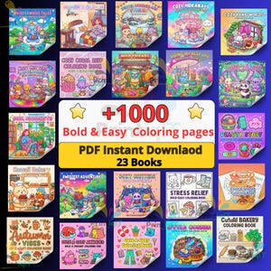 Peut inclure: Une collection de 23 livres de coloriage avec divers thèmes, dont "Whisperwood Tales", "Winter Wonderland Stories" et "Cozy Hideaways". L'image présente des illustrations colorées et le texte "+1000 pages à colorier faciles et audacieuses". Téléchargement instantané PDF.