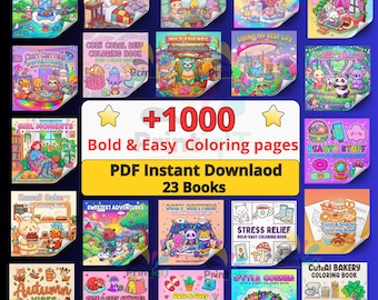 1000+ Printable Coloring Pages Bundle Vol.2 | 23 Kawaii Coloring Books PDF | Bold & Easy for Adults Kids Seniors | Instant Download