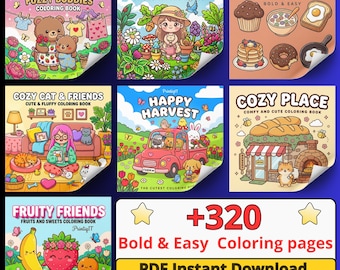 320+ Printable Coloring Pages Bundle | 8 Kawaii Coloring Books PDF | Bold & Easy for Adults Kids Seniors | Instant Download