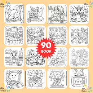 May include: A collection of 90 black and white line art coloring pages featuring various scenes including a koala on a swing, an ice cream truck, a bedroom, a snowman, a bear in the woods, a fox, a kitchen, an artist, a tea party, and a TV.