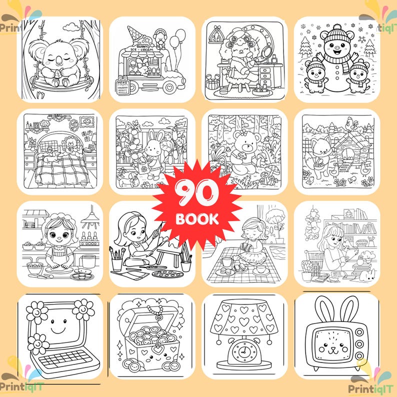 May include: A collection of 90 black and white line art coloring pages featuring various scenes including a koala on a swing, an ice cream truck, a bedroom, a snowman, a bear in the woods, a fox, a kitchen, an artist, a tea party, and a TV.