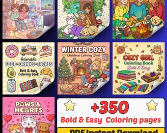 350+ Printable Coloring Pages Bundle | 9 Kawaii Coloring Books PDF | Bold & Easy for Adults Kids Seniors | Instant Download