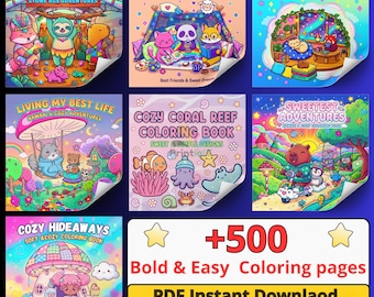 500+ Printable Coloring Pages Bundle | 11 Kawaii Coloring Books PDF | Bold & Easy for Adults Kids Seniors | Instant Download
