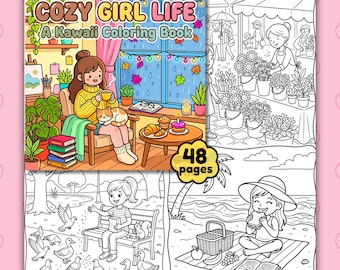 Cozy Girl Coloring Book, Kawaii Coloring Pages for Adults & Teens, Cute Printable PDF, Relaxing Coloring Book, Instant Digital Download