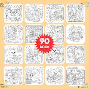 May include: A collection of 90 black and white line art coloring pages featuring various scenes with animals, people, and cozy indoor and outdoor settings. A red starburst graphic in the center displays the white text 90 BOOK.
