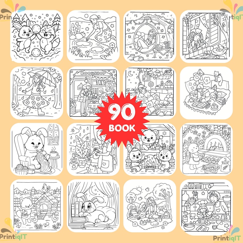 May include: A collection of 90 black and white line art coloring pages featuring various scenes with animals, people, and cozy indoor and outdoor settings. A red starburst graphic in the center displays the white text 90 BOOK.