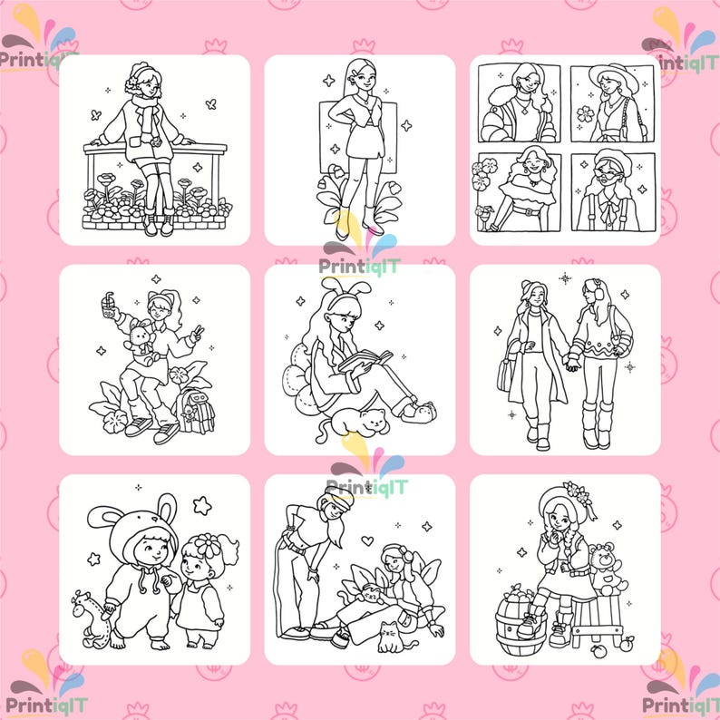 Puede incluir: Una colecci&oacute;n de nueve ilustraciones de arte lineal en blanco y negro con varios personajes en atuendos casuales, incluyendo escenas de personas leyendo, caminando e interactuando con animales, dispuestas en una cuadr&iacute;cula sobre fondo rosa.