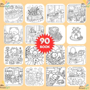 May include: A collection of sixteen black and white line art illustrations for a coloring book, featuring scenes of animals, people, and nature. A red starburst graphic in the center displays the white text 90 BOOK, indicating the total page count.
