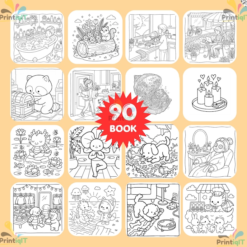 May include: A collection of sixteen black and white line art illustrations for a coloring book, featuring scenes of animals, people, and nature. A red starburst graphic in the center displays the white text 90 BOOK, indicating the total page count.