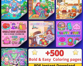 500+ Bold & Easy Coloring Pages | 12 Kawaii Coloring Books PDF | Printable Large Print Designs for Adults Kids Seniors | Instant Download